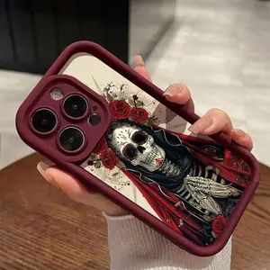 Sexy Wine Rose Skull Pattern Phone Case, Compatible with iPhone Models 6-15 Pro Max, Stylish Protective Cover