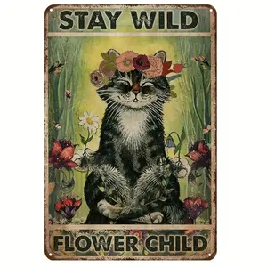 Vintage Metal Painted Signage Featuring Stay Wild Flower Cat and Flower Hippie Wall Decoration for Cafes Bars and Shops