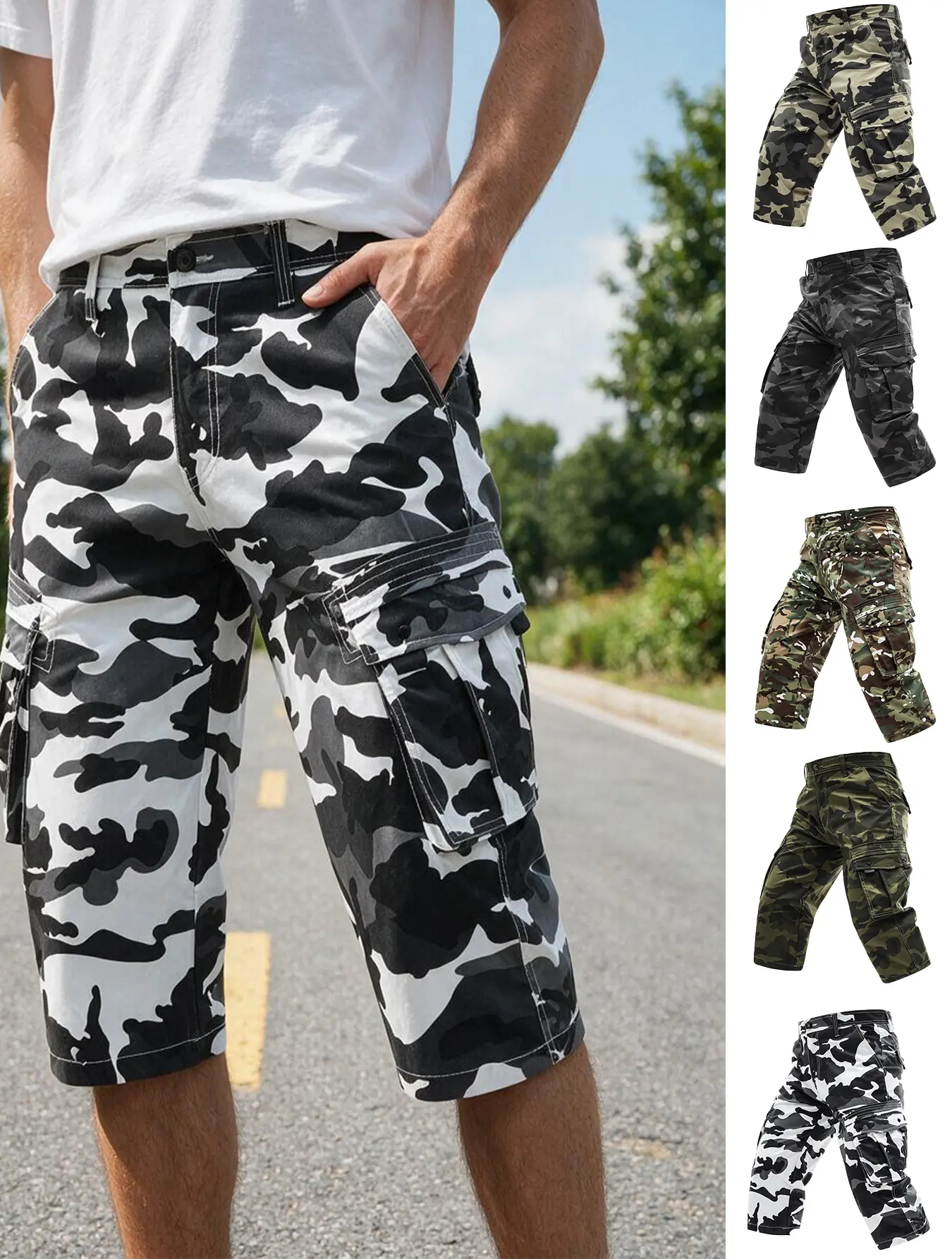 Men Camo Multi-Pocket Cargo Shorts Knee Length Tactical Shorts Wear Resistant Outdoor Hiking Work Casual Camouflage Shorts 5 Color Options