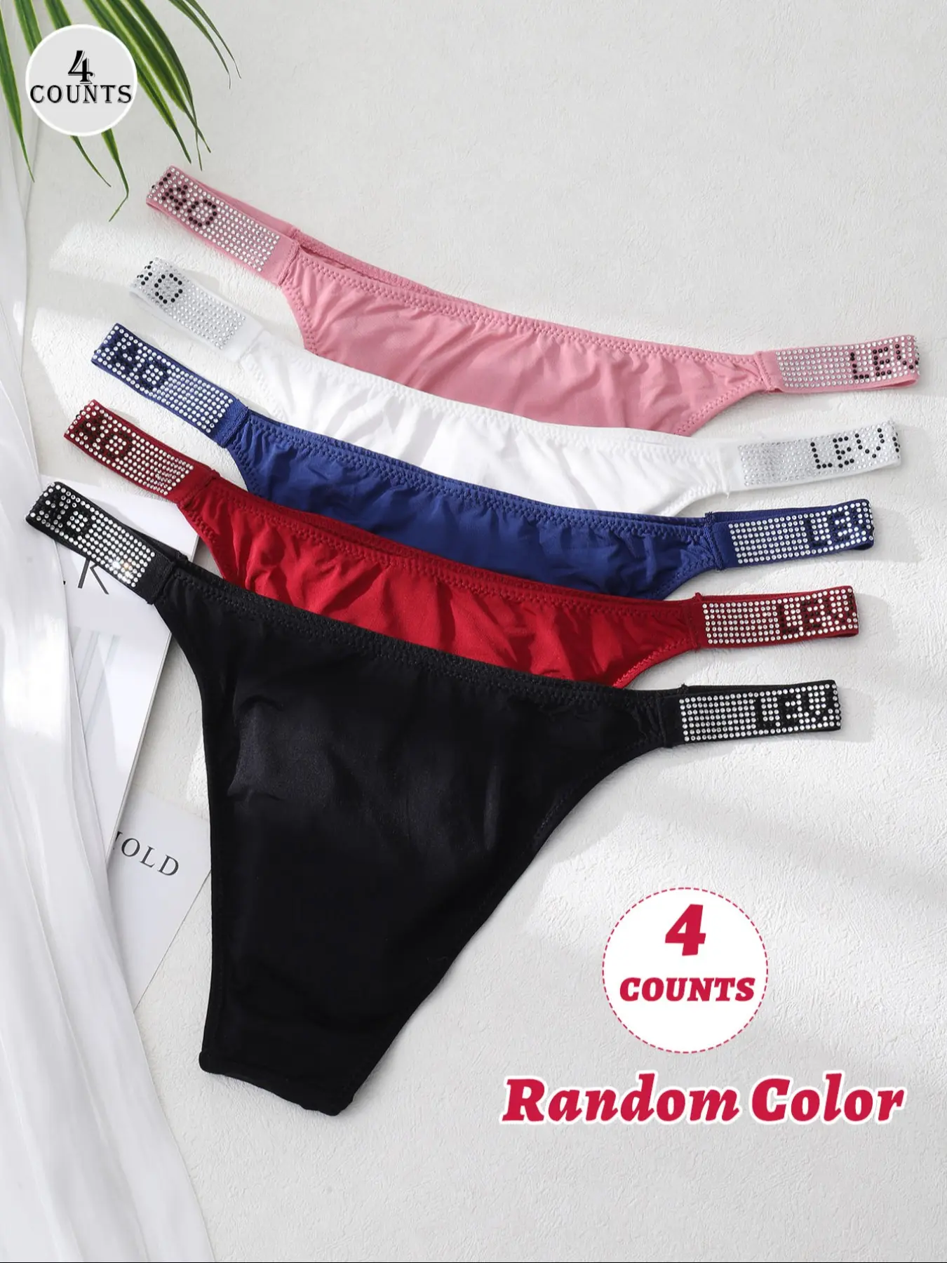 4 Pcs Random Color Thongs for Women Sexy Fit Everyday Sparkly Fashion Panties Letter Rhinestones Knickers Stretch Casual Fitted Underwear Multipacks Fitted S-XL Stretchable Womenswear