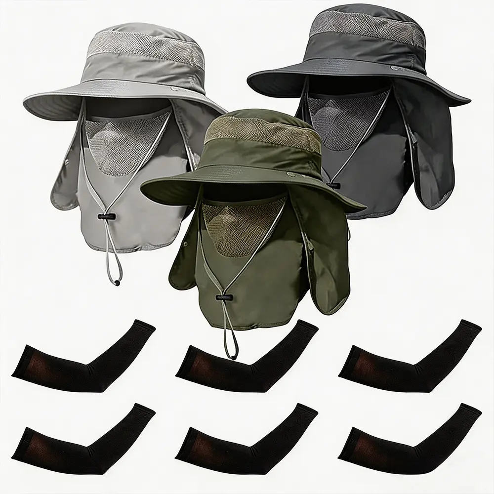3PCS Men Outdoor Wide Brim Fishing Hat & 3 Pair Arm Sleeves, UPF 50+ Sun Protection Cap with Face Neck Flap for Hiking & Garden