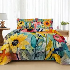 Sunflower Reversible Patchwork Quilt Set, Lightweight Boho Printed Bedspread Coverlet All Season Bedding Set with 2 Pillow Shams, Soft Microfiber King/Queen Size Bed Cover for Bedroom Decor