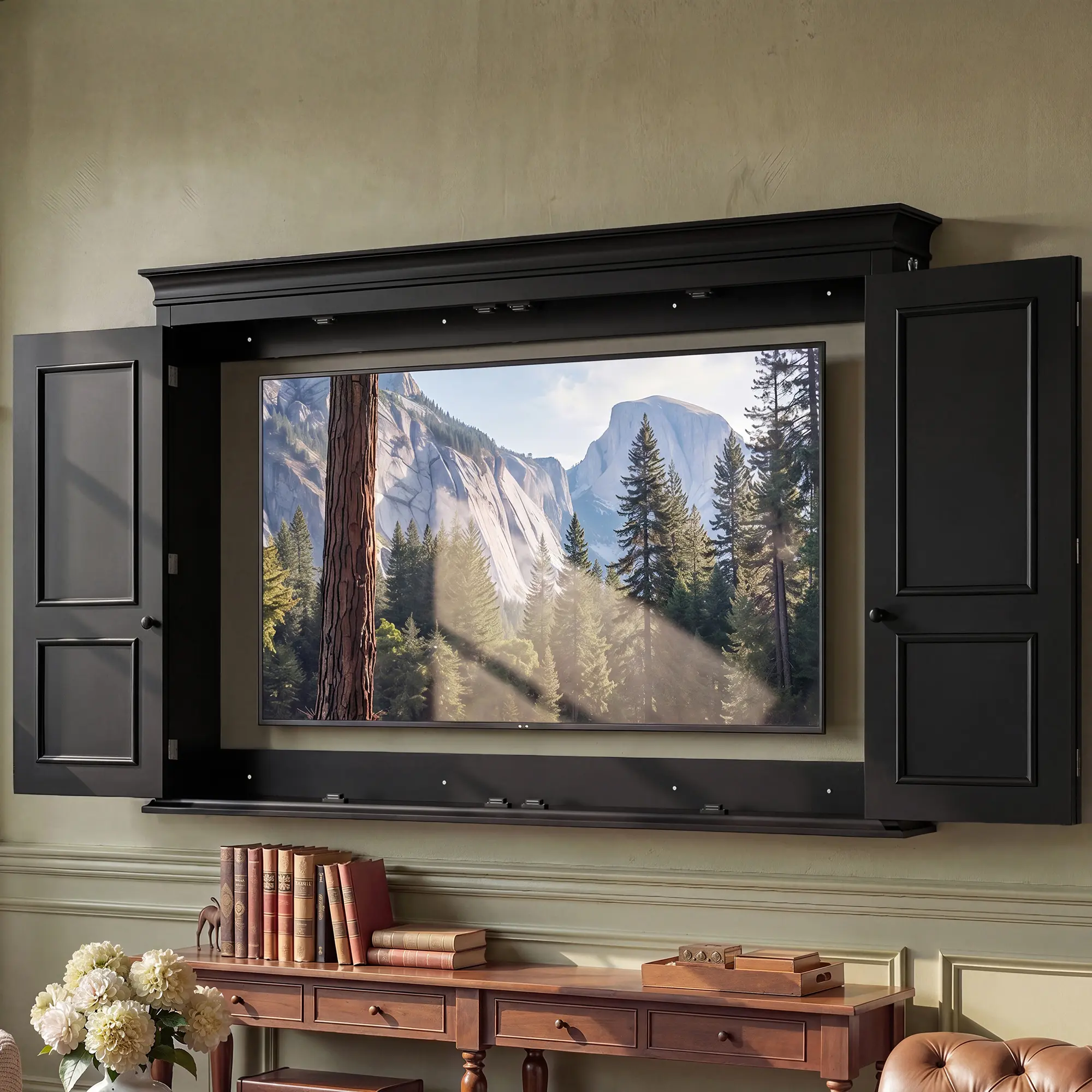 FUFU&GAGA Black Recessed TV Cabinet with Lock, Hidden Wall Mounted TV Enclosure Cabinet for Living Room