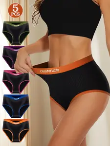 QUASTI 5 Pack High Waist Colorblocking Cotton Briefs with Letter,Breathable Soft Comfortable Briefs,High Elasticity Tummy Control Hip Lifting Women's Briefs, Elegant Fashionable Women's Briefs S-XXL