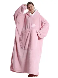 Women's Apple Pattern Drop Shoulder Hooded Flannel Lounge Robe, Casual Long Sleeve Pocket Design Blanket Hoodie, Ladies Sleepwear for Fall & Winter, Cozy Hooded Blanket