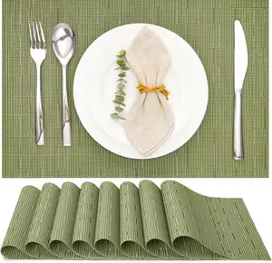 Set of 8 Vinyl Woven Placemats, Washable Non-Slip Indoor Table Mats for Dining Table, Green