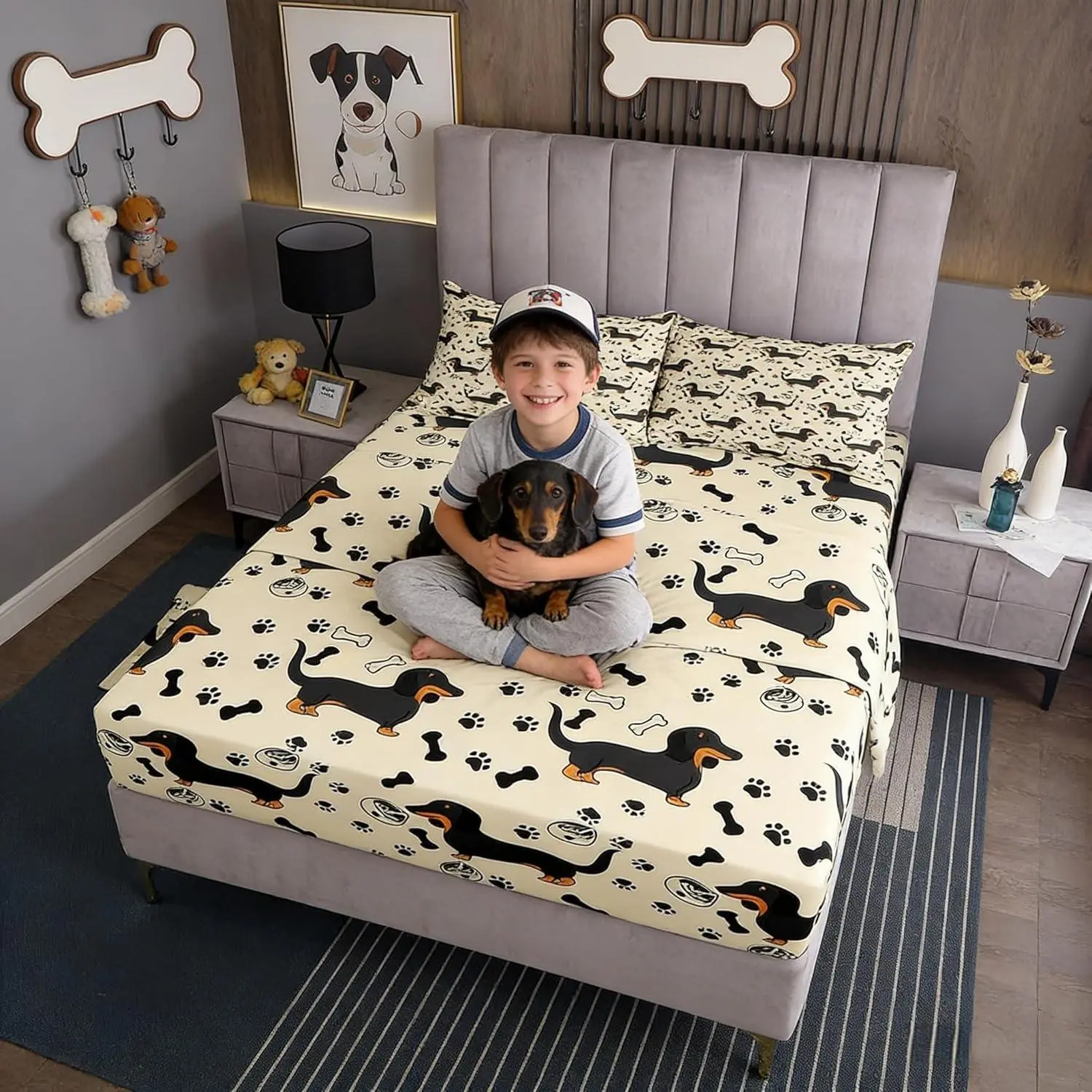 Cute Dachshund Dog Bed Sheet Set,Kids Cartoon Kawaii Animal Beige Sheet Set,Room Decor,Bones Puppy Paw Print Family Pet Bedding Set for Boys Teens,(1 Fitted+1  Flat Sheet)