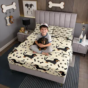 Cute Dachshund Dog Bed Sheet Set,Kids Cartoon Kawaii Animal Beige Sheet Set,Room Decor,Bones Puppy Paw Print Family Pet Bedding Set for Boys Teens,(1 Fitted+1  Flat Sheet)