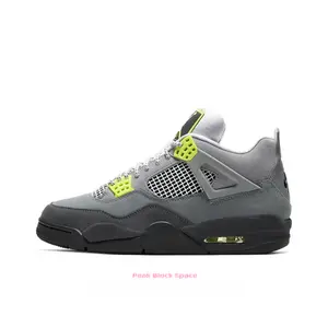 Gray Suede and Mesh Panel with Neon Green Accents Mid-Top Retro Basketball Shoes