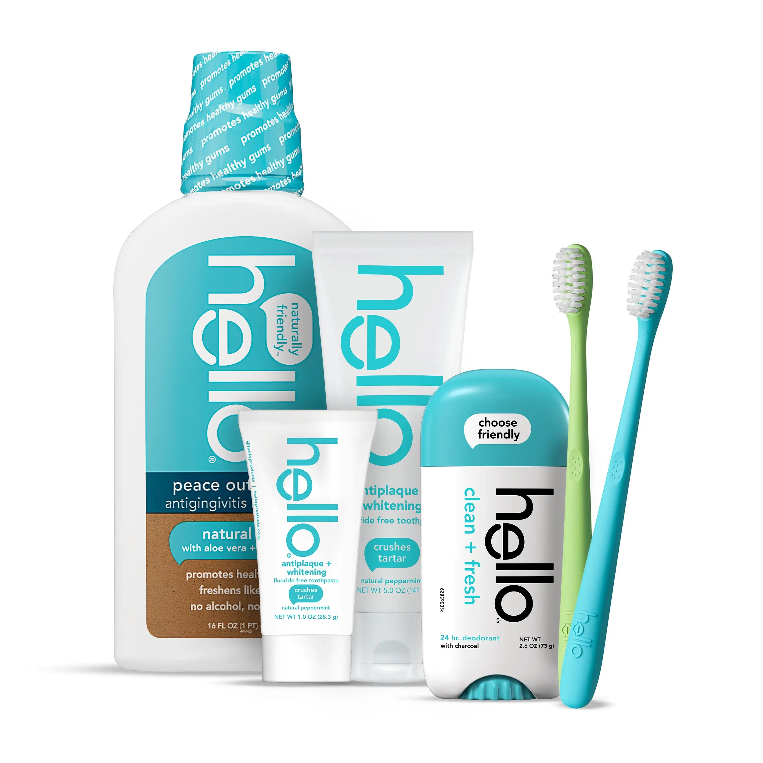 Hello Adult Starter Bundle - Fluoride-Free Toothpaste, Mouthwash, Floss, Soft-Bristle Toothbrushes, Aluminum-Free Deodorant for Fresh Breath and Clean Teeth