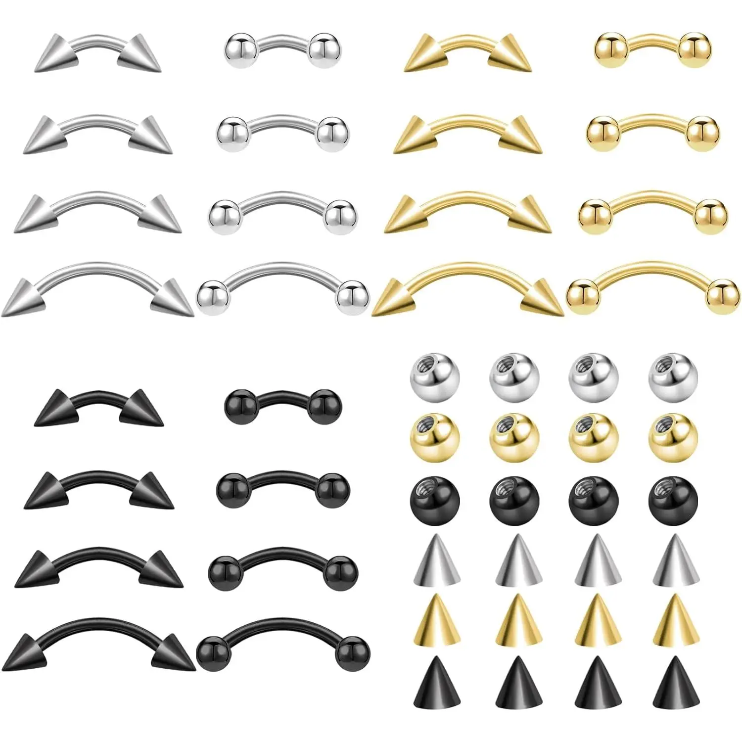 Female 48-Piece 16G Surgical Steel Body Jewelry Set - 3mm Curved Barbells, Eyebrow Rings, Vertical Labret Lip Jewelry, Rook Daith Earrings, Small Belly Button Rings, Nickel-Free, Black Gold Silver, Christmas Thanksgiving Gift