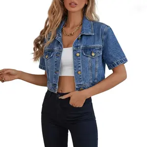 Y2K Cropped Short Sleeve Denim Jacket for Women Vintage Jean Coat Button Down Casual Streetwear Womenswear Tops outdoorfun