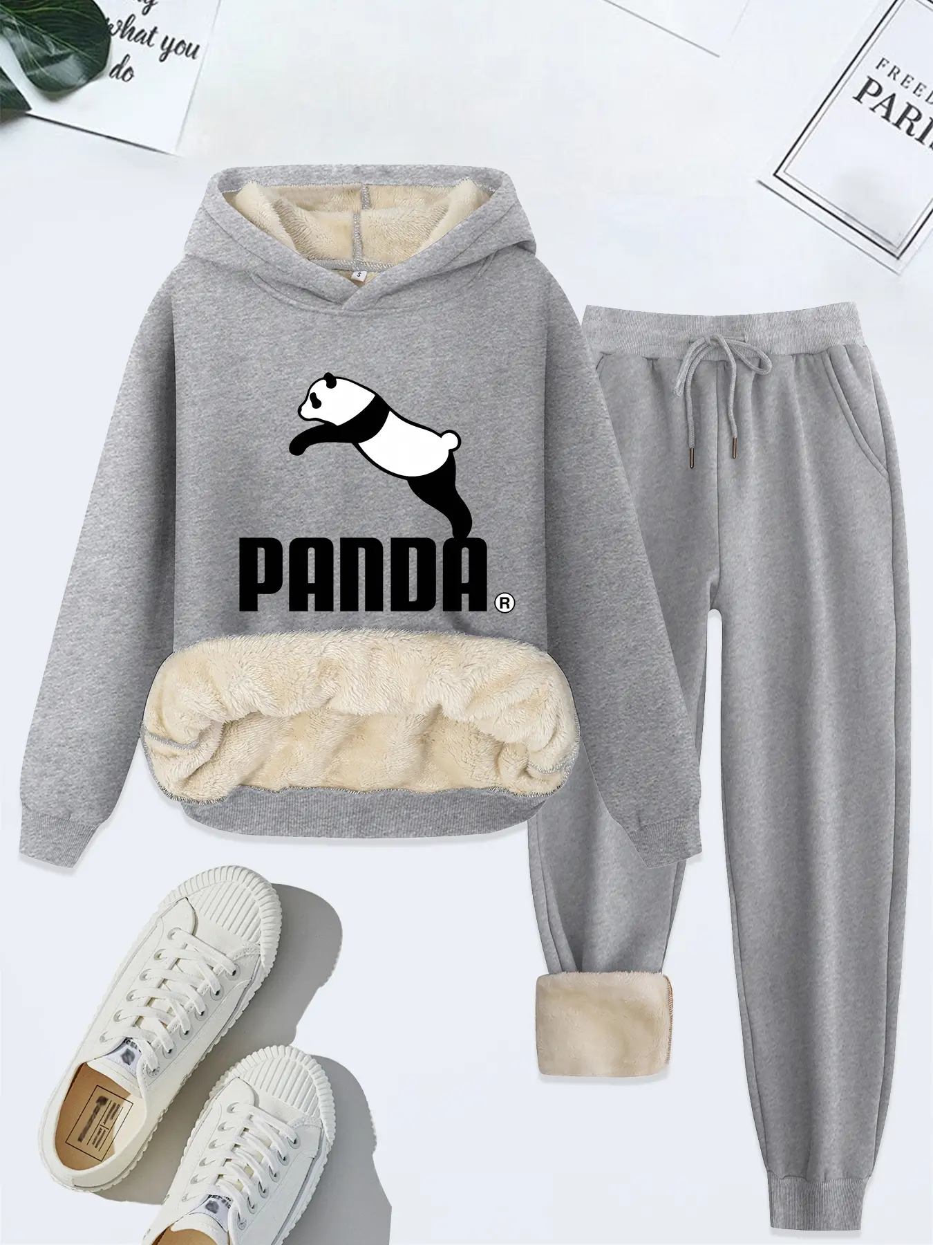 Women's Hooded Sweatshirt Matching Set, Knitted, Loose, Cartoon Panda Print, Thick Fleece Lining, Casual Fall & Winter, 2 Piece Set