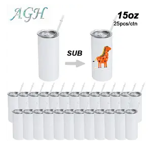 USA 25pack 15oz Sublimation Skinny Straight Tumblers Stainless Steel Double Wall Insulated Sublimation coffee mugs with Lid Straw for DIY Gift