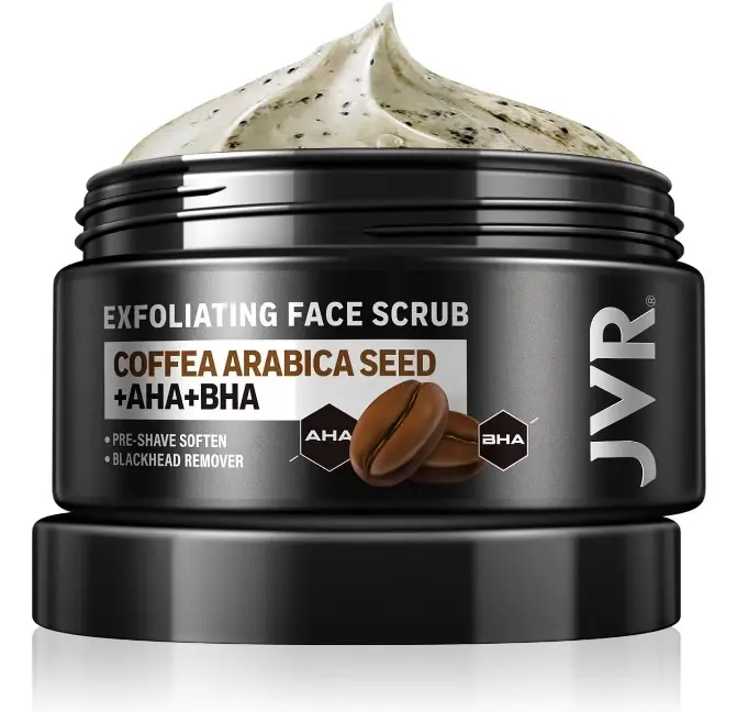 JVR Face Scrub for Men, Facial Scrub for Deep Exfoliating, Cleansing Blackheads, Ingrown Hair, Pre-shave Soften, Organic Formulated with Coffee Extract, AHA and BHA Face Exfoliator (4.23 oz)