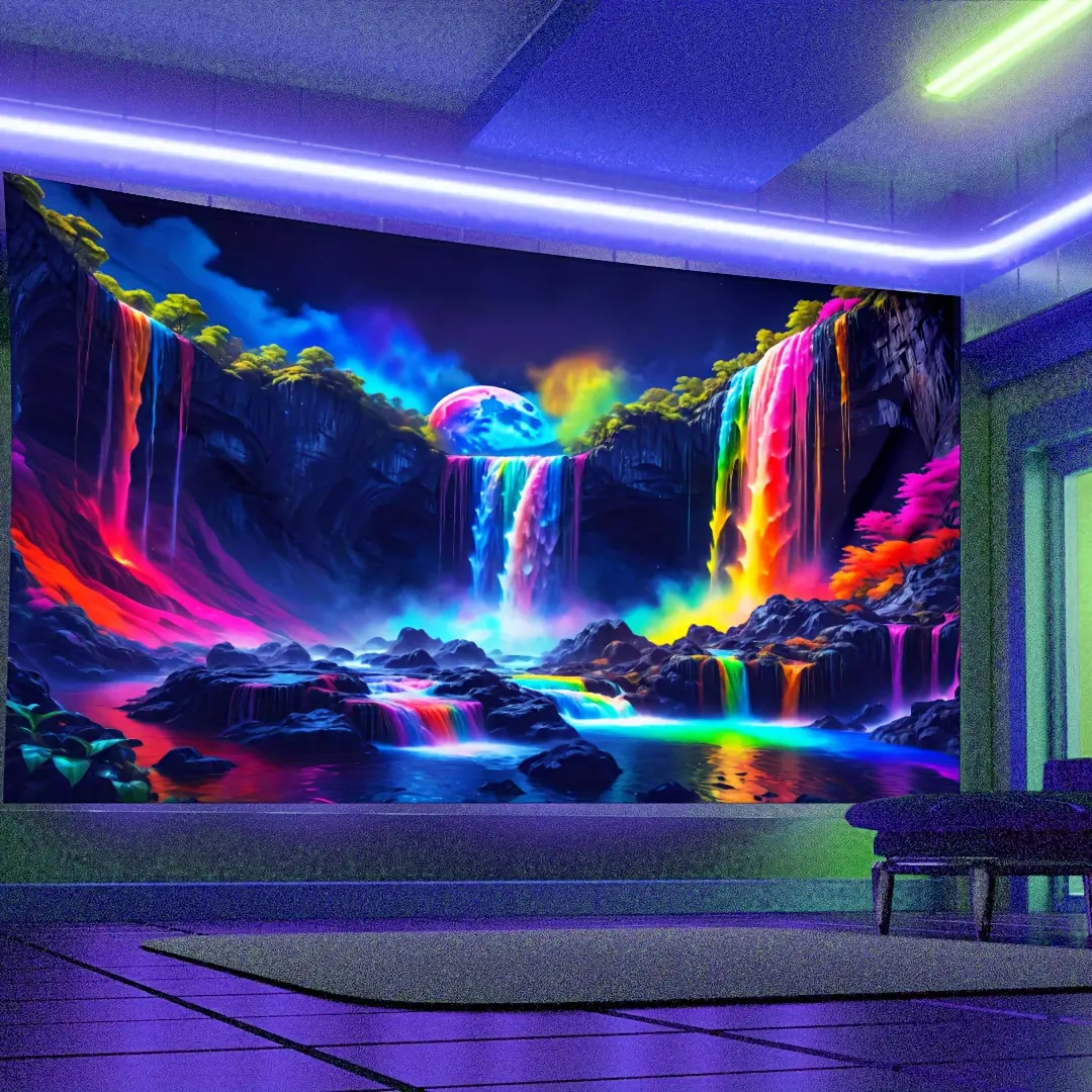 1pc Rainbow Forest Fluorescent Mountain Waterfall Tapestry, Galaxy Nature Scenery Polyester Tapestry, Suitable for Wall Hanging for Living Room Bedroom Office Home Decor/Room Decor/Party Decor, Free Installation Package Included, Home Decor, Wall Decor, H
