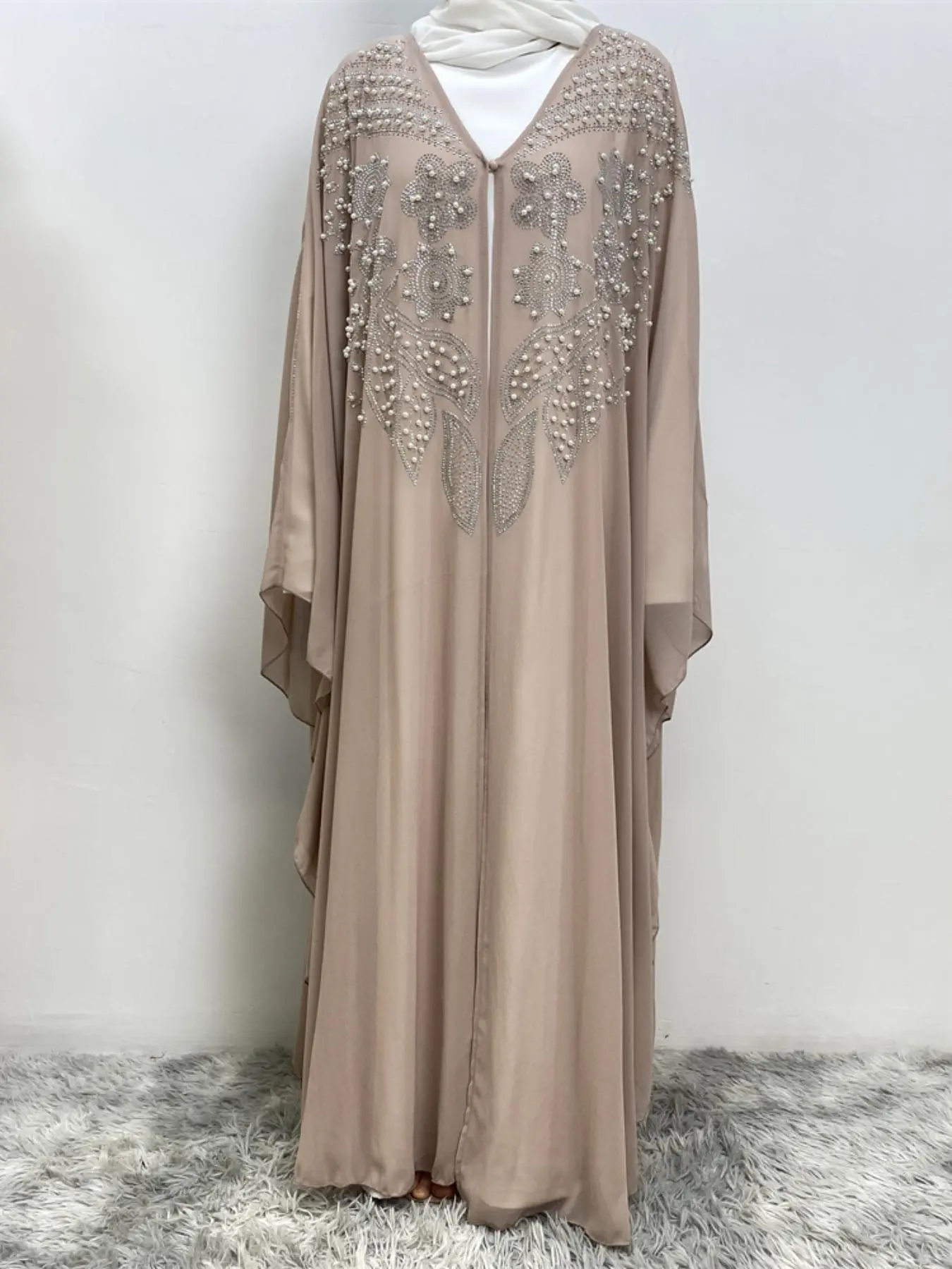 Women's Plain Beaded Decor V Neck Chiffon Arabic Robe, Elegant Long Sleeve Open Front Muslim Arabic Abaya for Daily Wear, Women's Islamic Clothing for Spring & Fall, Batwing Sleeve Abaya