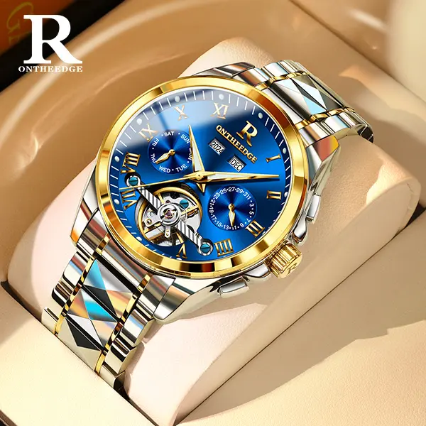 ONTHEEDGE Men's Automatic Mechanical Watch - Luxury Blue Dial, Open Heart Design, 2-Tone Stainless Steel Strap, Multi Func Business Dress Watch