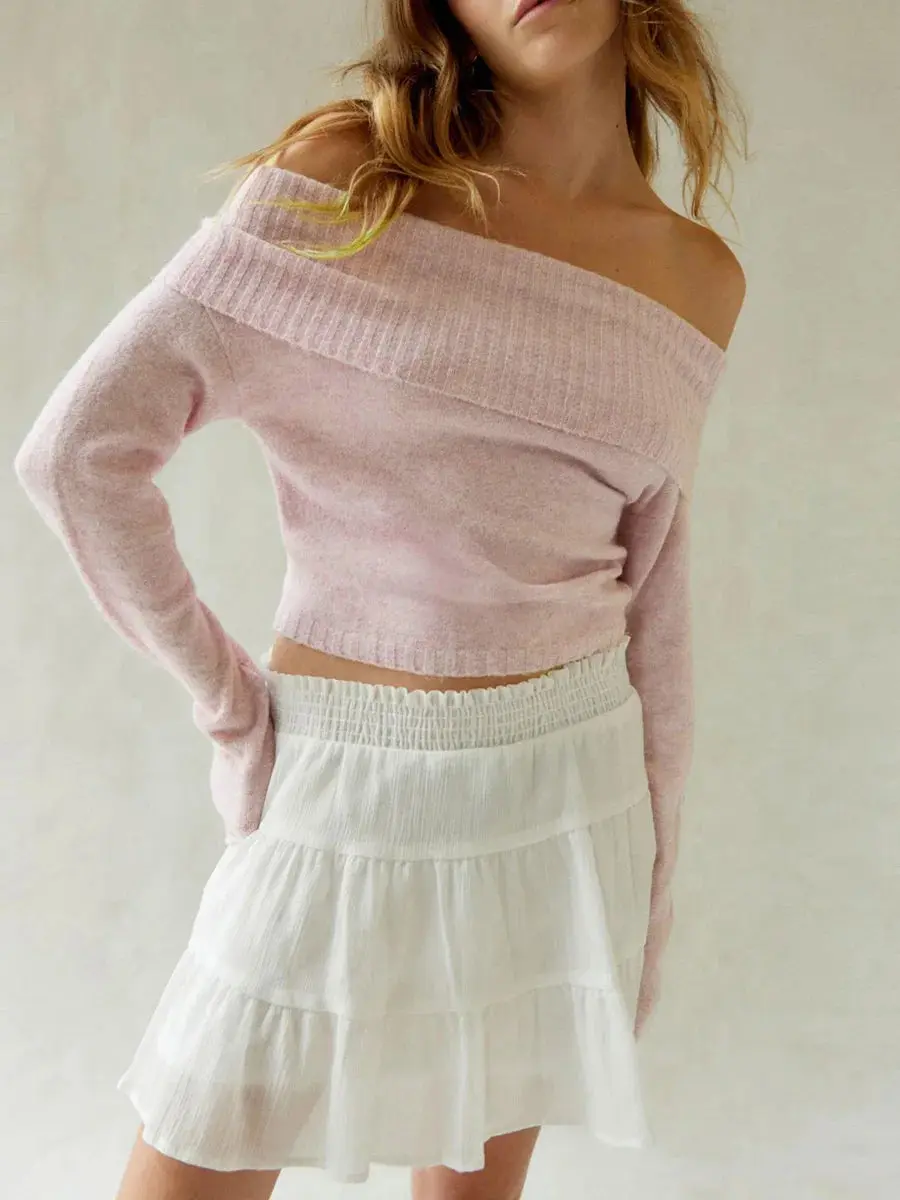 Aurora Off The Shoulder Knit Sweater- pink Fabric Womenswear