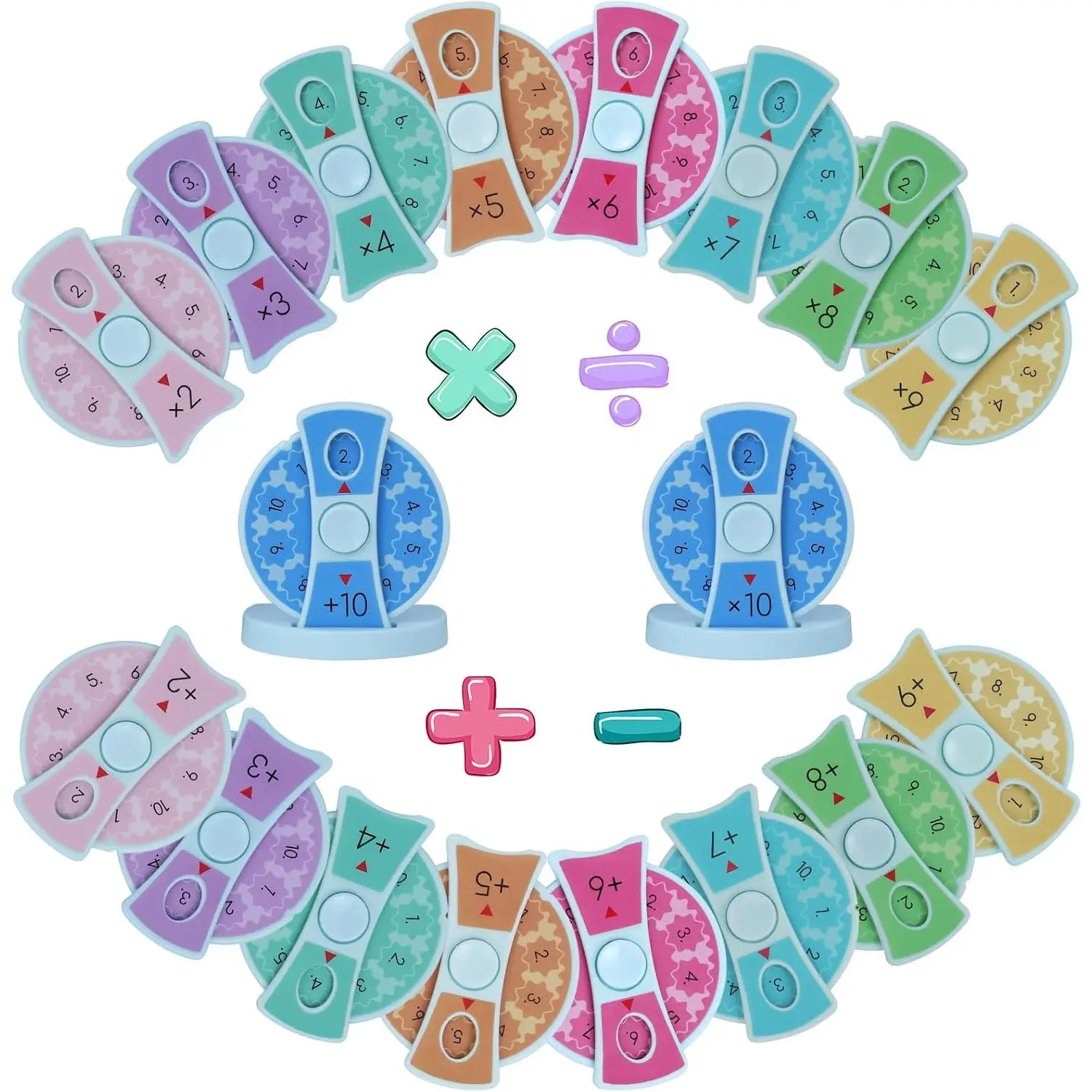 Plastic Colorful Math Fact Fidget Spinners - Learning Aid with Spin Function, Hand-Fitting, for Kids' Add./Subtr.＋-, Multiplication, Division Practice, Mathematical Symbols Classroom Tool, Fits Hands