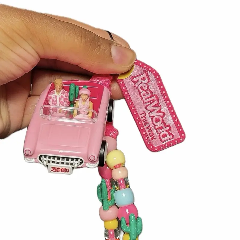 Pink Car Charm Keychain Handmade with Colorful Beads Cactus Charms & Real World This Way Marquee Tag for Keys Purses Backpacks or Car Mirrors
