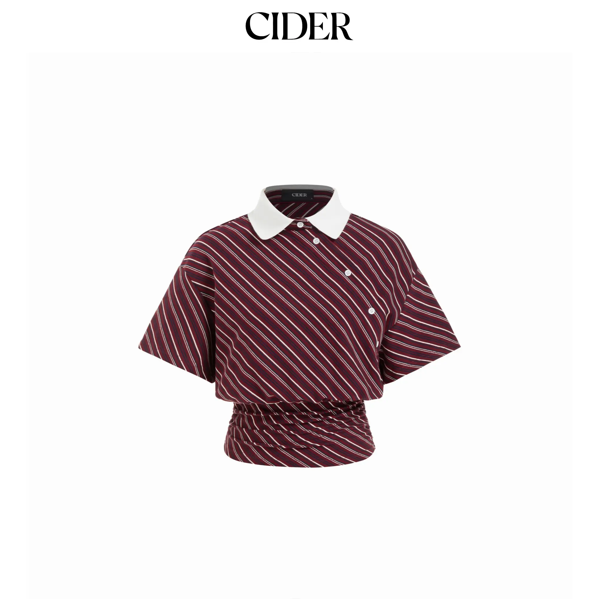 Cider Cotton-blend Striped Short Sleeve Blouse With Ruched Hem