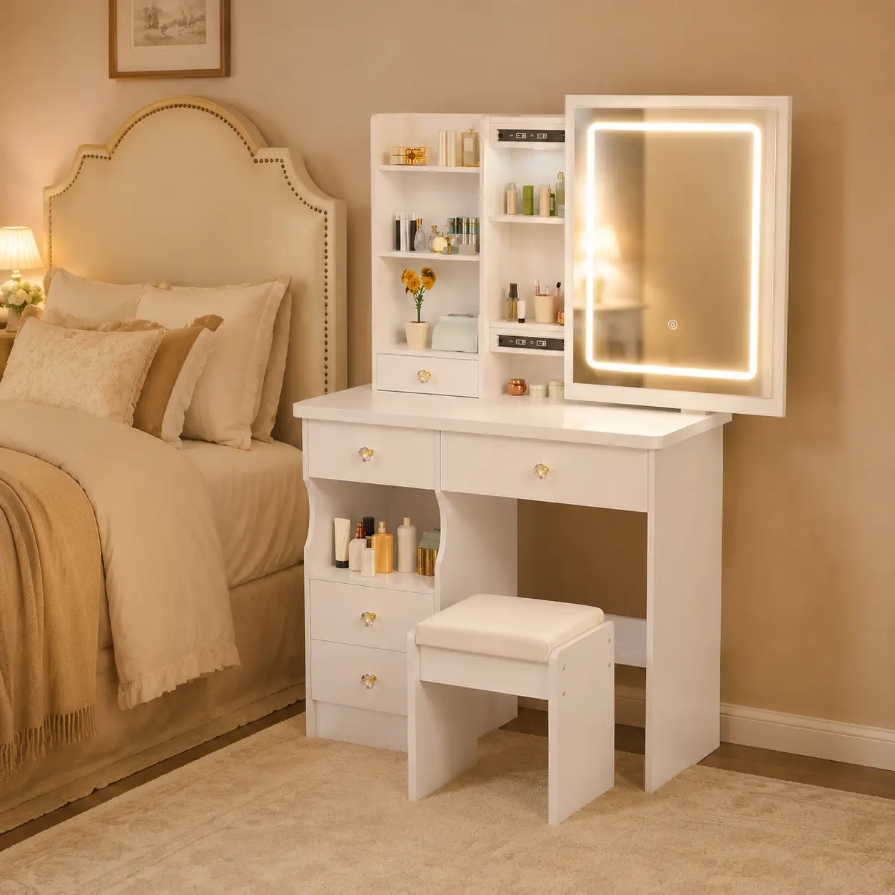 White LED Makeup Vanity Set with Vanity Mirror - 3 Color Dimmable, Minimalist, Large, Silent Smooth Soft-Close Drawers, Crystal Knobs, Multi-Storage Shelves, PU Cushioned Stool, Cosmetic & Jewelry Organizer for Bedroom Daily Makeup