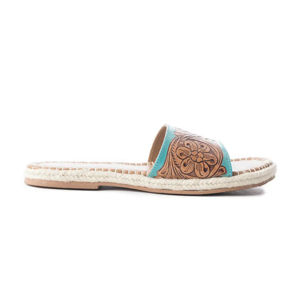 Women's Open Toed Sandals with Flat Heels, Western Tooled Leather Slip On with Hand-Carved Floral and Cream Whipstitching, Morning Markets, Slide Style Women's Sandals, Western Tooling, Floral Carving, Floral Carve