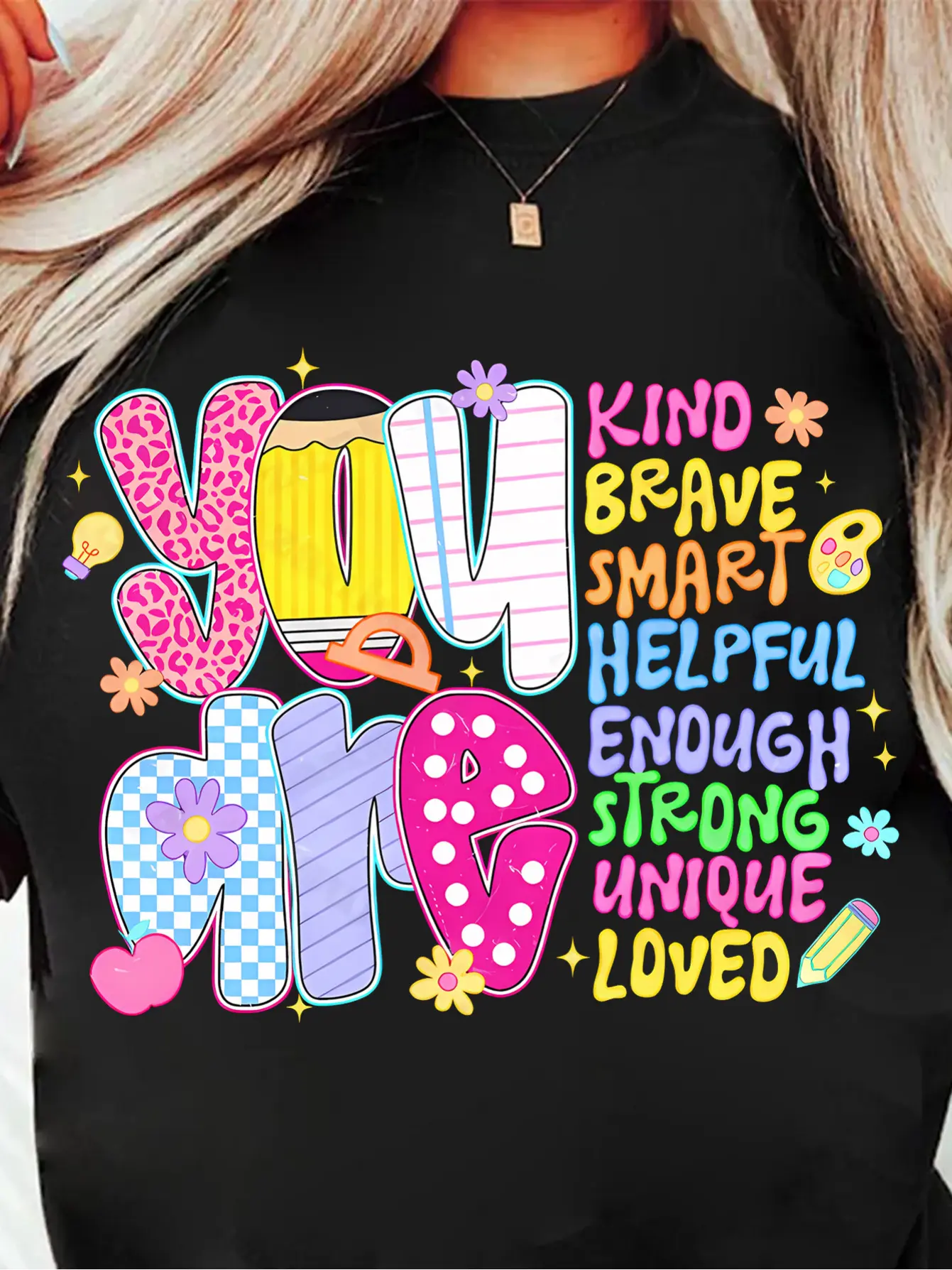 Women's Inspirational T-Shirt with "You Are Brave Smart Helpful Enough Strong Unique Loved" Positive Affirmations - Soft Breathable Round Neck Short Sleeve Casual Top, Colorful Motivational Lettering & Striped Pattern, Teacher's Day Birthday Gift, Casual