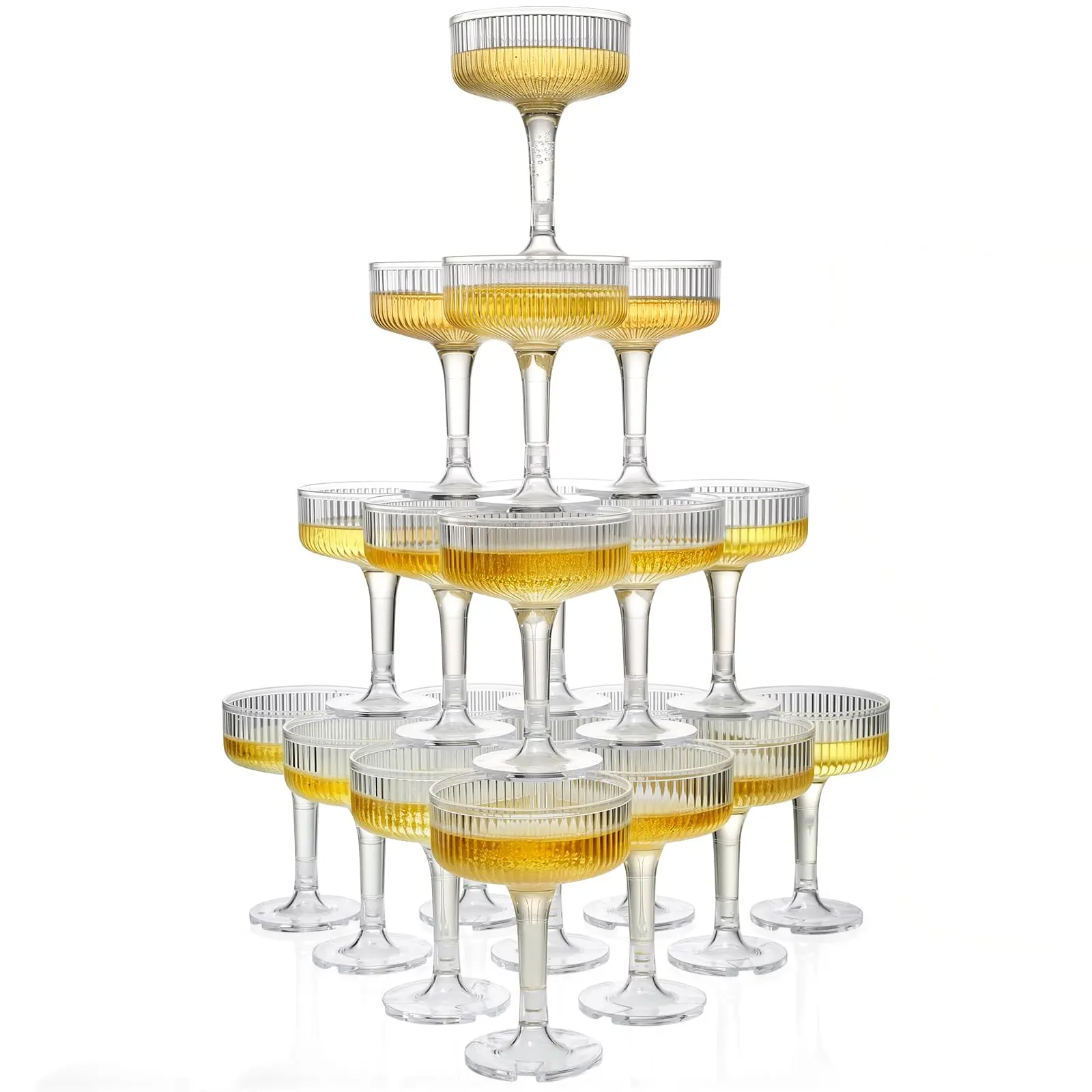 4-Tier Champagne Glasses - 7oz Clear Plastic Champagne Flutes, Plastic Coupe Glasses with Vertical Stripes for Weddings, Celebrations, Parties & Birthdays