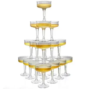 4-Tier Champagne Glasses - 7oz Clear Plastic Champagne Flutes, Plastic Coupe Glasses with Vertical Stripes for Weddings, Celebrations, Parties & Birthdays