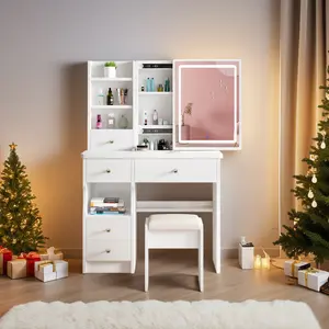 Vanity Desk with 3 Color Touch Screen Dimming Mirror,  Makeup Vanity Table with Chair, Drawers, Cabinet, Dressing Table,Makeup Table With storage shelves and 5 Sliding Drawers, White