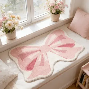 Creative pink bow bedroom bedside irregular plush carpet simple light luxury living room home decoration carpet sweet romantic cloakroom lounge soft floor mat fashionable bathroom thickened non-slip carpet home washable dressing table carpet