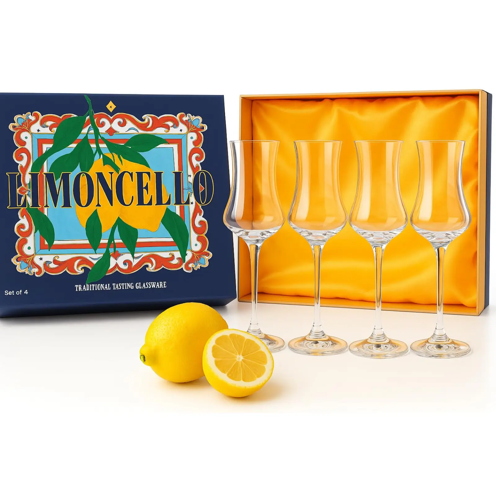 Khen Crystal Limoncello Cordial Glasses | 4 Set | Tall 3.3 oz Long Stemmed Spirit Glassware for Sipping Aromatic Liquor, After Dinner Drink, Digestivem Aperitif, Elegant Cordial Tulip Shaped Stemware