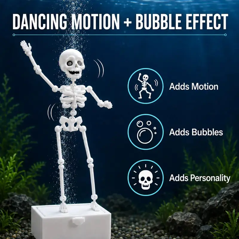 2PCS Halloween Theme 3D-Printed Skeleton Shape Aquarium Ornament, Bubble Motion Fish Tank Decoration with Suction Cup Base and Air Tube