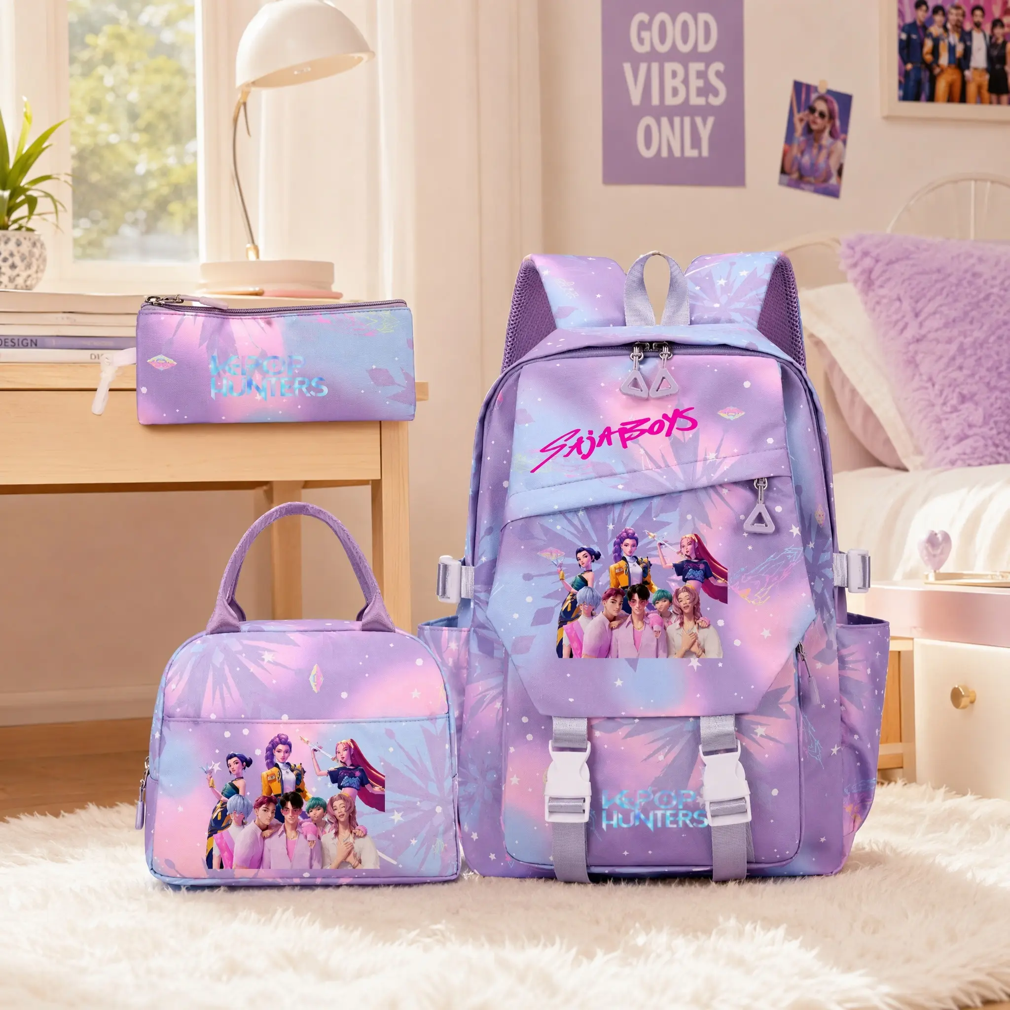 Dreamy Starry Purple 3-Piece Backpack Set, Perfect for School and Travel, Includes Shoulder Bag, Lunch Bag, and Pencil Case – A Great Gift