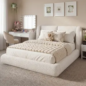 Raybee Cloud Bed Frame with 5-inch Thick Headboard Protection, Upholstered Soft Full/Queen/King Size Bed Frame for Active Families, Boucle Cloud Bed Dupe for Guest Bedroom & Dorm, No Box Spring Needed, Beige