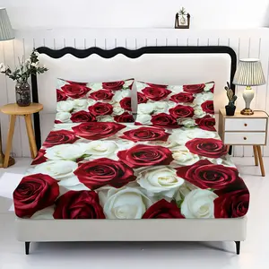 3pc Red and White Rose Wave Print Bedding Set, including 1 sheet and 2 pillowcases (without filling material), suitable for single beds, double beds, available in multiple sizes, perfect for bedrooms, dormitories, guest rooms and hotel apartments.