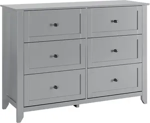 Gray 6-Drawer MDF Wood Storage Dresser with Waterproof Surface, Beveled Base, Modern Bedroom Storage Cabinet, Easy Set-Up Multi-Functional Organizer for Living Room, Entryway