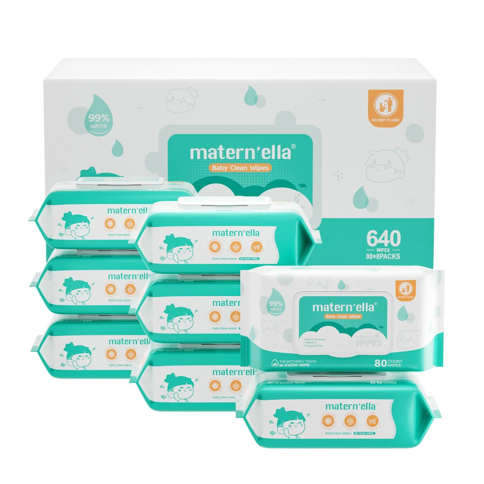 Maternella No Rinse Disposable Hydrating Hypoallergenic Moisture Baby Wet Wipes, 99% Water-Based, Unscented, Alcohol-Free for Sensitive Skin, 8 Flip-Top Packs (640 Total) - Suitable for Newborns, No Rinse Wipes, Disposable Wipes