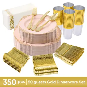 350 PCS Disposable Dinnerware Set - Pink Plastic Plates, Cups, Cutlery - Elegant, Durable, Outdoor-Ready for Weddings, Parties