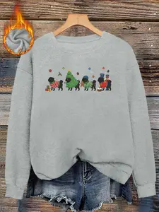 Pug Christmas Print Faux Sweater, Long Sleeve Round Neck Pullover, Soft Elastic Fabric, Casual Fall & Winter Top for Women