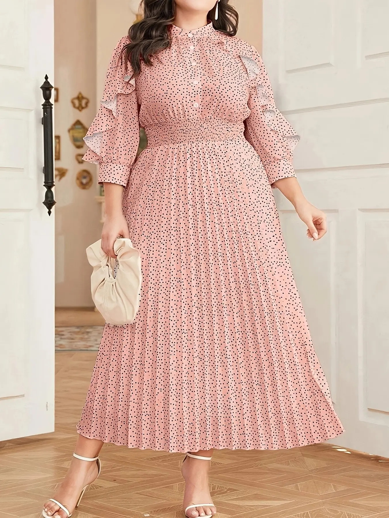 Women's Plus Size Fashion Elegant Polka Dot Casual Elegance Chic Everyday Wear Shirred Pleated Dress, Midi Woven Fabric, Three Quarter Sleeves, Loose Fit, All Seasons, Womenswear