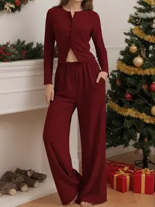 Women's Ribbed Knit Tie-Dye Long Pants Set, Casual Plain Fabric, Perfect for Daily Wear & Comfortable Fit