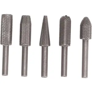 Carbon steel embossed 5-piece set, mold grinding machine drill bits, 6mm shank carbide burr set, rotary file set, for deburring, shaping, and grooving wood and rubber.