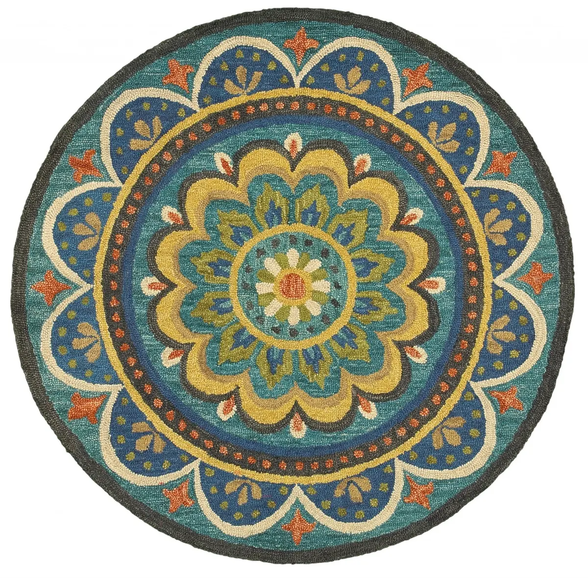 6 ft Round Blue Floral Mandala Area Rug - Round Shape, Mandala Motif, Nature-Inspired, Indoor Use, Room Decor, House Decor, Whimsical Home Accent