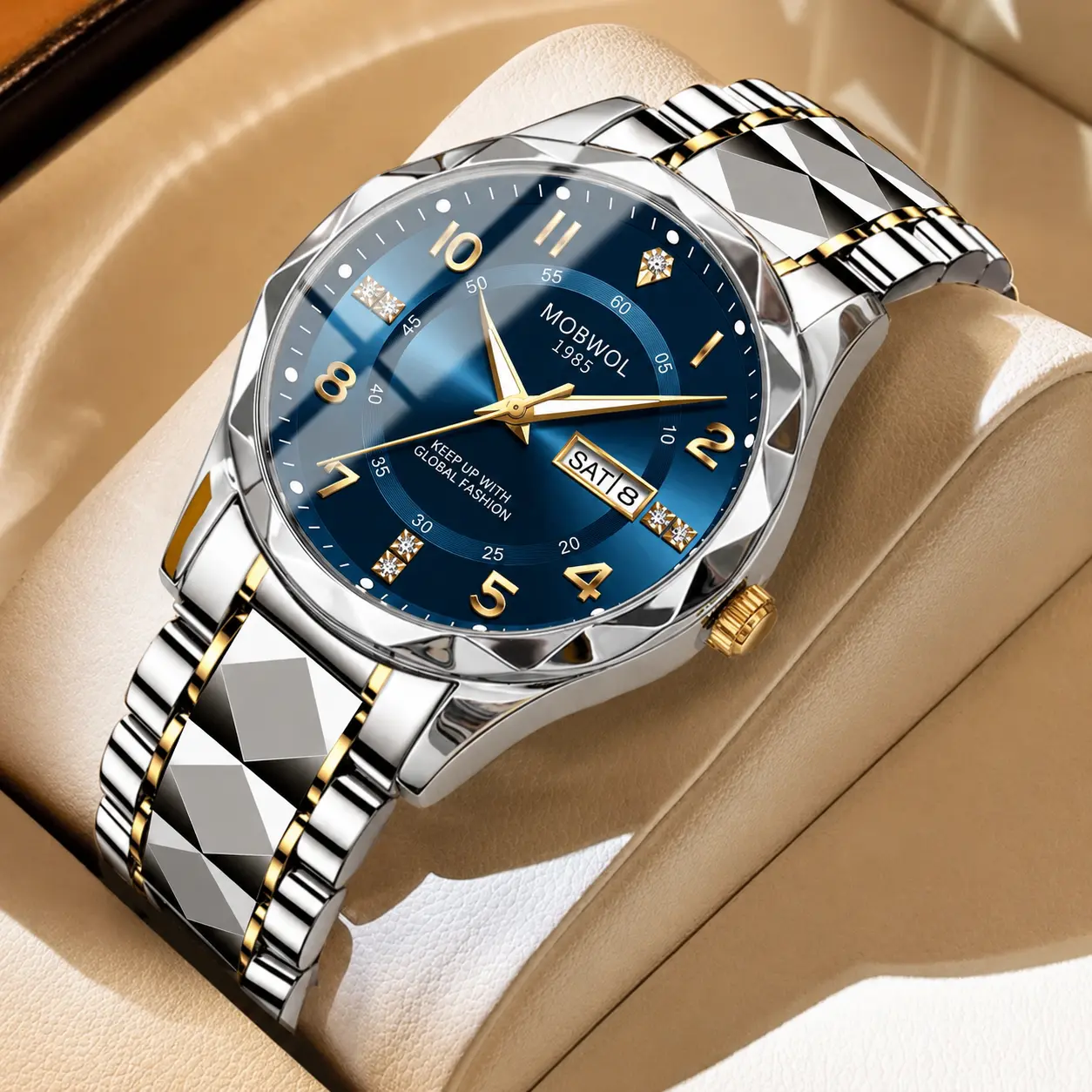 Men's Luxury Fashion Round Face Watch - 40mm Blue & Silver 2-Tone Steel Feels Luxe, Dual Date Display, 30 FT Water Resistance, Adjustable Band, Precision Quartz Movement, Gift Ready Men's Accessories