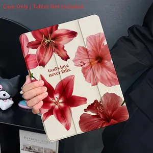 Scarlet hibiscus and lily design with God's love and English proverbs. Floral pattern, adjustable stand and pen holder, foldable non-slip TPU protective case, suitable for Samsung, iPad mini, iPad Air, iPad Pro/iPad 10th and 11th generation iPads.