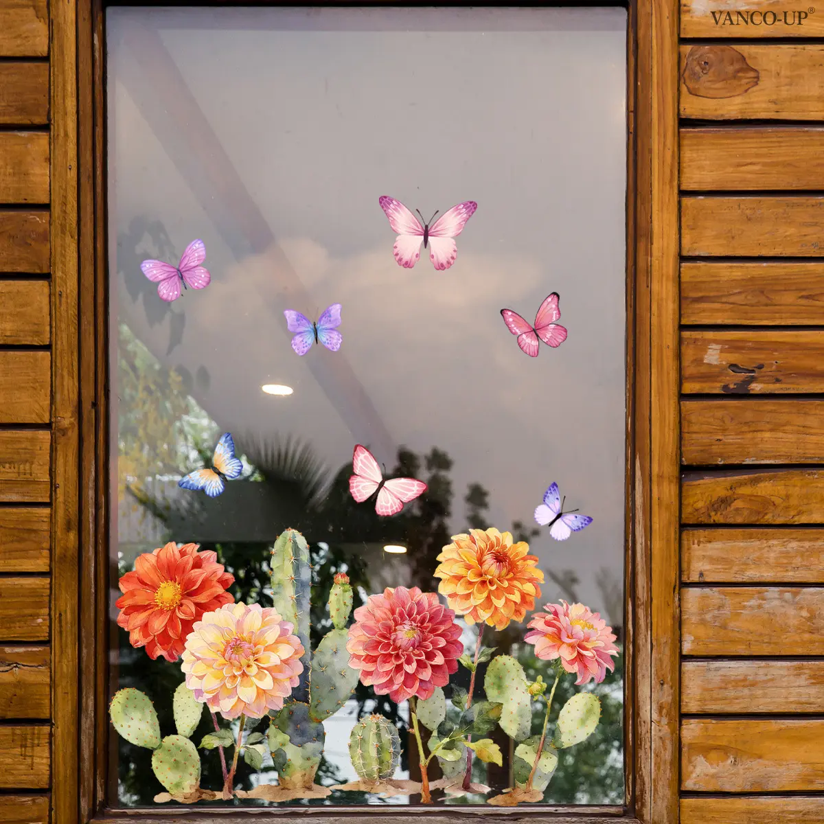 A (30*60cm) spring and summer cactus, flower and butterfly flat static sticker decorative window sticker for window display and home background beautification, D21728, Floral Pattern Sticker