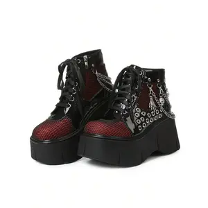 Women's Punk Goth Platform Ankle Boots Fashion Chain Round Hole Wedges High Heels Thick Bottom Cosplay Boots Women for Gifts for Women and Girls Walking Shoes Footwear Flatform Bota Makapal Red